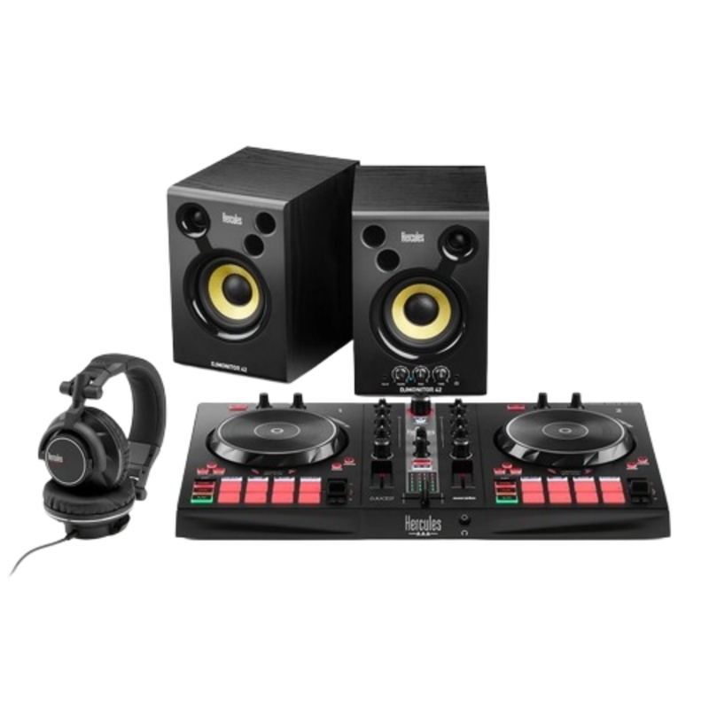 Hercules DJ Essentials All-In-One Kit, Featuring DJControl Inpulse 300 MK2, DJMonitor 42 Monitoring Speakers, & HDP DJ60 Headphones - Image 1
