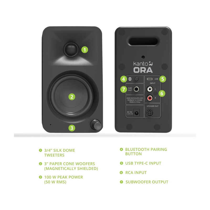 Kanto Audio ORAMB 100W Powered Reference Desktop Speakers with BT 5.0 and USB-C Input, Type G Power Cord, Matte Black (Sold in Pairs) - Image 2