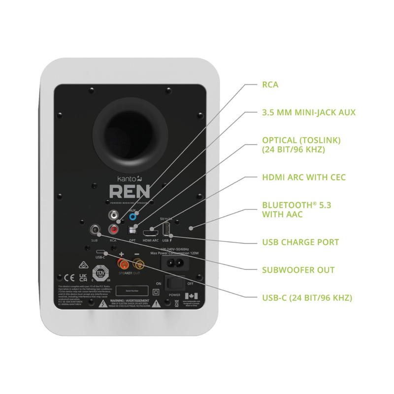 Kanto REN 200W Powered Speaker System with HDMI ARC Input, with Bluetooth 5.3 & USB-C Input, Type G Power Cord, Matte White (Sold in Pairs) - Image 3