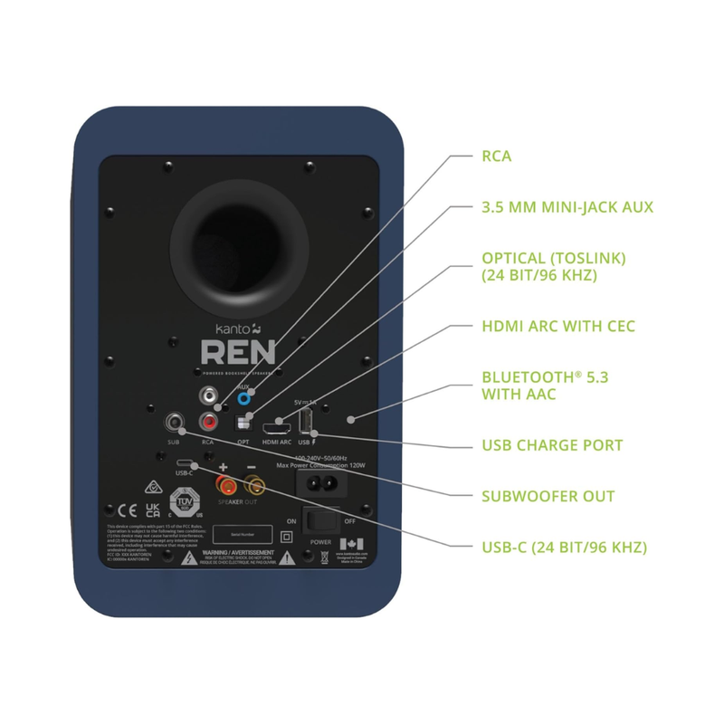 Kanto Audio REN 200W Powered Speaker System with HDMI ARC Input, with BT 5.3 and USB-C Input, Type G Power Cord, Matte Blue (Sold in Pairs) - Image 5