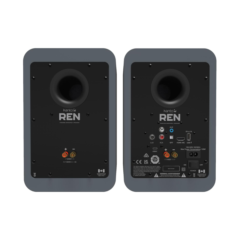 Kanto REN 200W Powered Speaker System with HDMI ARC Input, with Bluetooth 5.3 & USB-C Input, Type G Power Cord, Matte Grey (Sold in Pairs) - Image 2