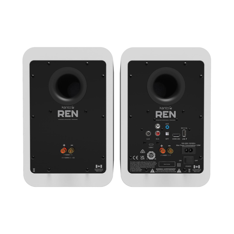 Kanto REN 200W Powered Speaker System with HDMI ARC Input, with Bluetooth 5.3 & USB-C Input, Type G Power Cord, Matte White (Sold in Pairs) - Image 4