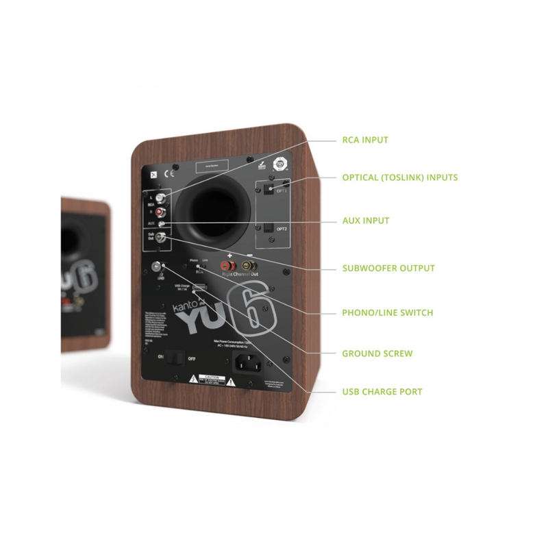 Kanto YU6MB Powered Bookshelf Speakers with Bluetooth and Phono Preamp, Type F and Type G Power Cords, Walnut (Sold in Pairs) - Image 3