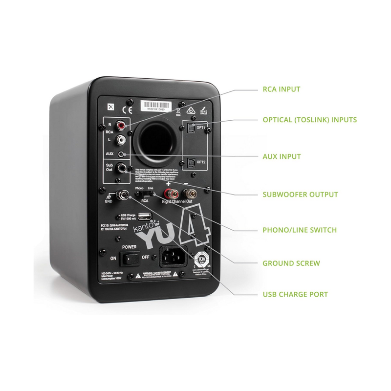 Kanto YU4MB Powered Speakers with Bluetooth and Built-in Phono Preamp, Type F and Type G Power Cords, Matte Black (Sold in Pairs) - Image 2
