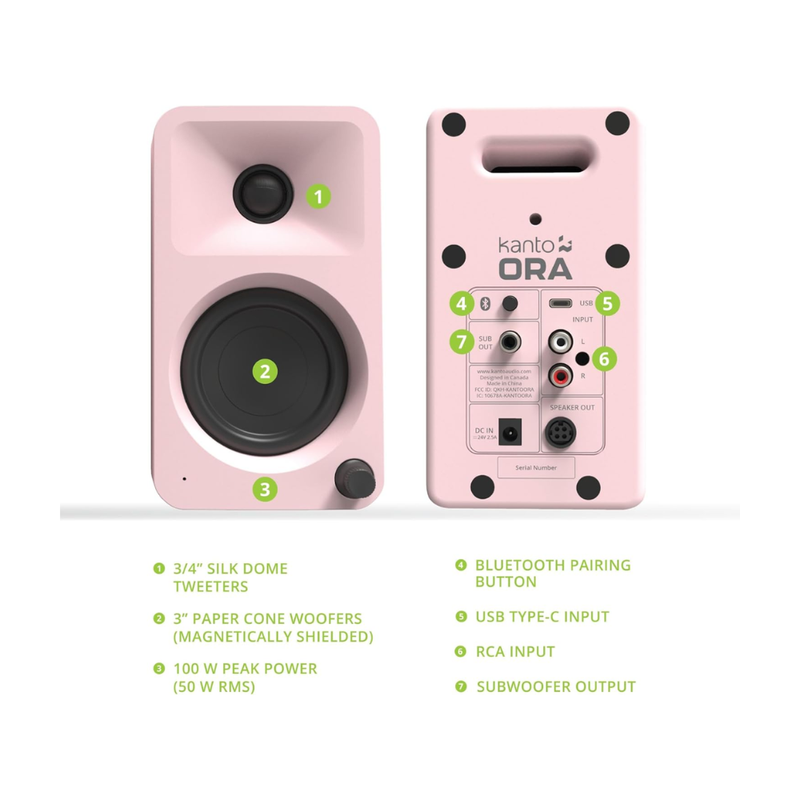 Kanto ORAMP 100W Powered Reference Desktop Speakers with Bluetooth 5.0 and USB-C Input, Type G Power Cord, Matte Pink (Sold in Pairs) - Image 2