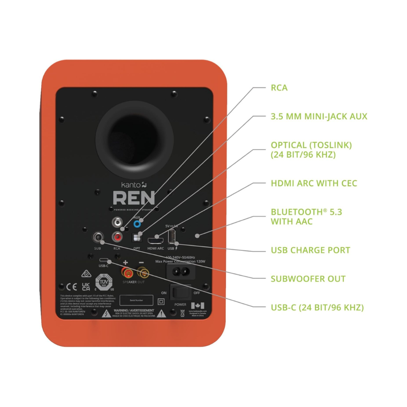 Kanto REN 200W Powered Speaker System with HDMI ARC Input, with Bluetooth 5.3 & USB-C Input, Type G Power Cord, Matte Orange (Sold in Pairs) - Image 4