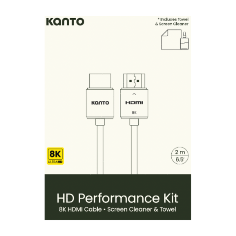 Kanto HT6 HD Performance Kit - Screen Cleaner, Microfibre Towel, 8K HDMI Cable, 2 m/6.5' - Image 1