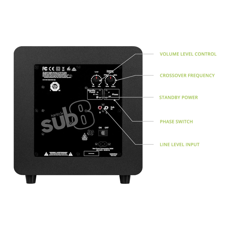 Kanto SUB8 Sealed Powered Subwoofer, 300W Peak Power, 8" Woofer, Vinyl, Type C and Type G Power Cords, Matte Black - Image 2