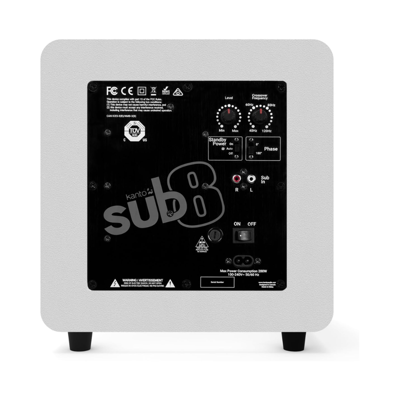 Kanto SUB8 Sealed Powered Subwoofer, 300W Peak Power, 8" Woofer, Vinyl, Type C and Type G Power Cords, Matte White / White Grille - Image 3