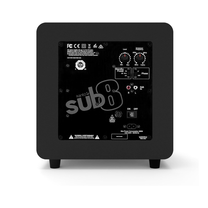 Kanto SUB8 Sealed Powered Subwoofer, 300W Peak Power, 8" Woofer, Vinyl, Type C and Type G Power Cords, Matte Black - Image 3