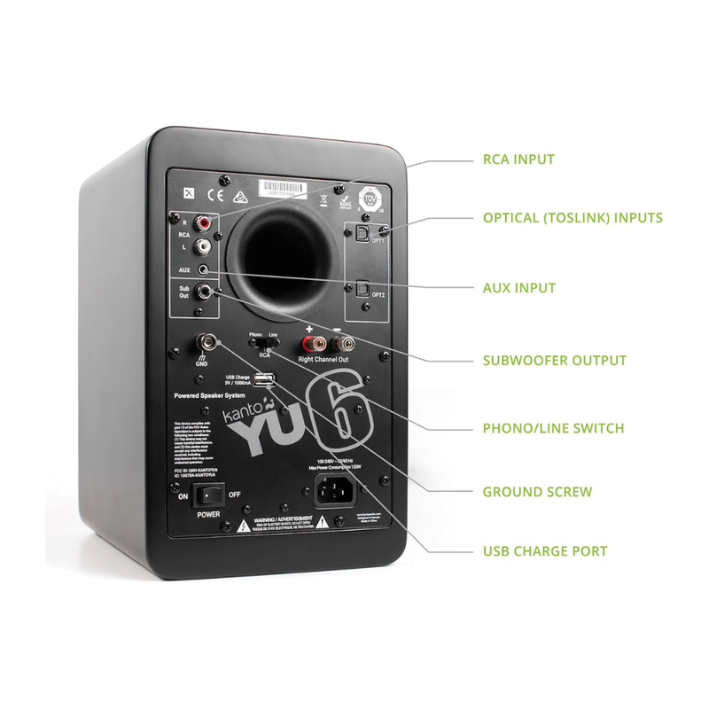 Kanto YU6MB Powered Bookshelf Speakers with Bluetooth and Phono Preamp, Type F and Type G Power Cords, Matte Black (Sold in Pairs) - Image 3