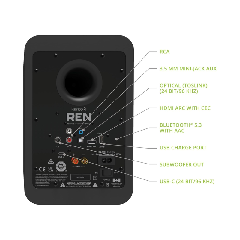 Kanto REN 200W Powered Speaker System with HDMI ARC Input, with Bluetooth 5.3 & USB-C Input, Type G Power Cord, Matte Black (Sold in Pairs) - Image 3