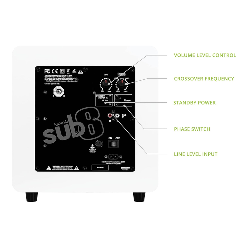 Kanto SUB8 Sealed Powered Subwoofer, 300W Peak Power, 8" Woofer, Vinyl, Type C and Type G Power Cords, Matte White - Image 4