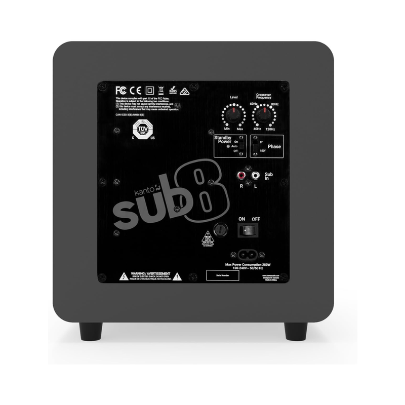 Kanto SUB8 Sealed Powered Subwoofer, 300W Peak Power, 8" Woofer, Vinyl, Type C and Type G Power Cords, Matte Grey - Image 2