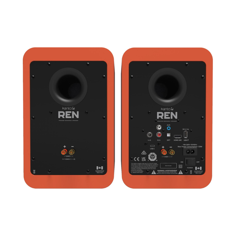 Kanto REN 200W Powered Speaker System with HDMI ARC Input, with Bluetooth 5.3 & USB-C Input, Type G Power Cord, Matte Orange (Sold in Pairs) - Image 4