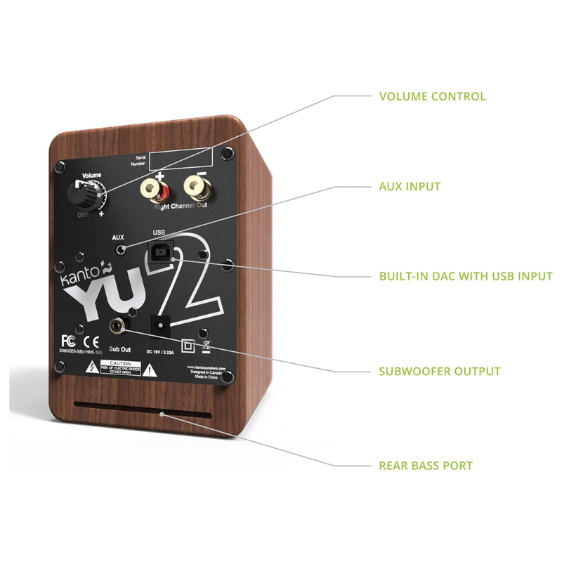 Kanto Audio YU2 Powered Desktop Computer Speakers, Type C and Type G Power Cords, Walnut (Sold in Pairs) - Image 3