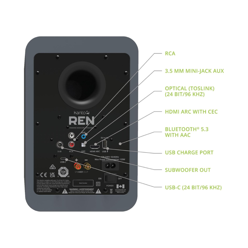 Kanto REN 200W Powered Speaker System with HDMI ARC Input, with Bluetooth 5.3 & USB-C Input, Type G Power Cord, Matte Grey (Sold in Pairs) - Image 5